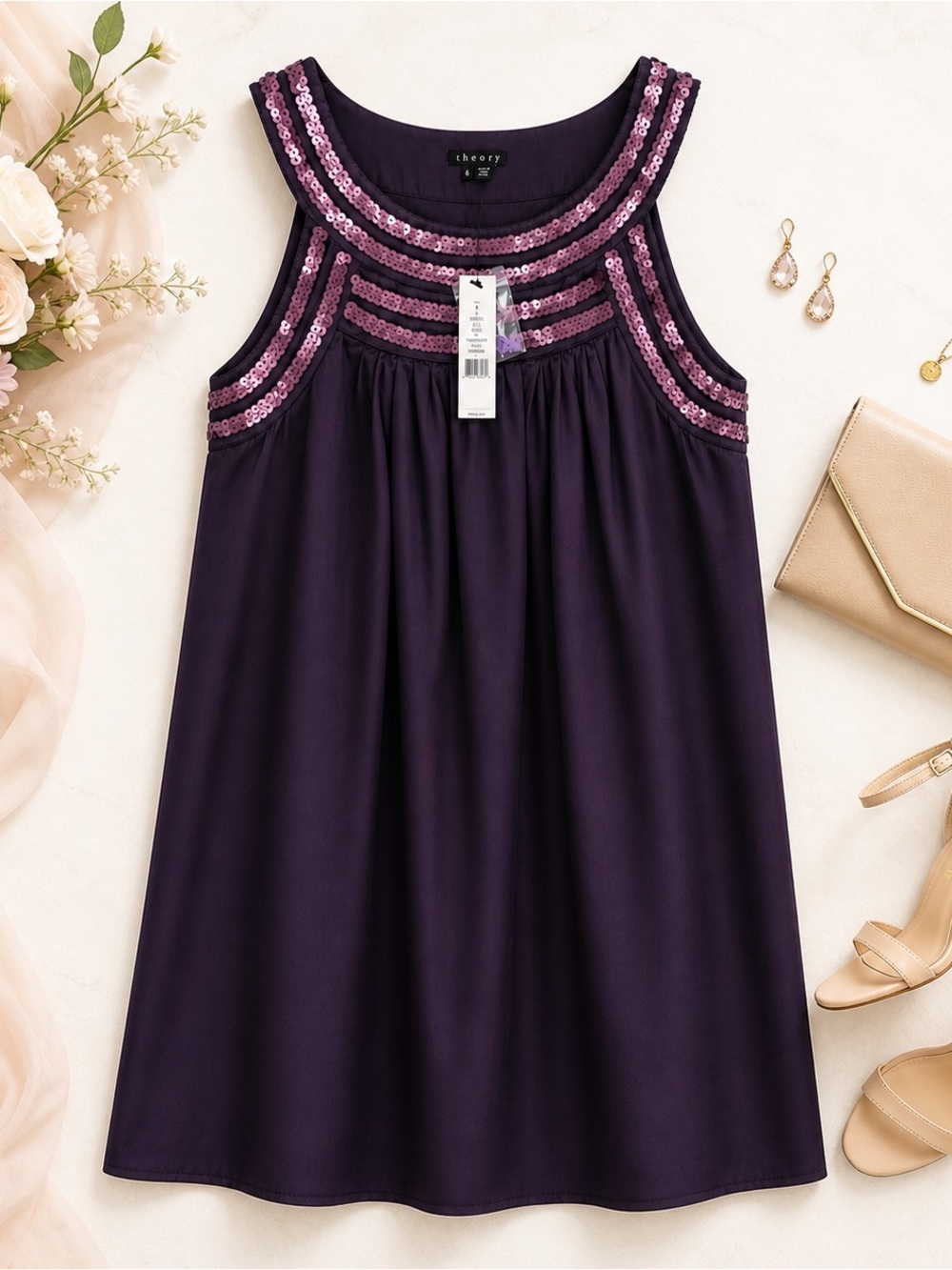 NWT Theory Senna Trapeze Dress Plum Sequin Neck Sleeveless Size 6